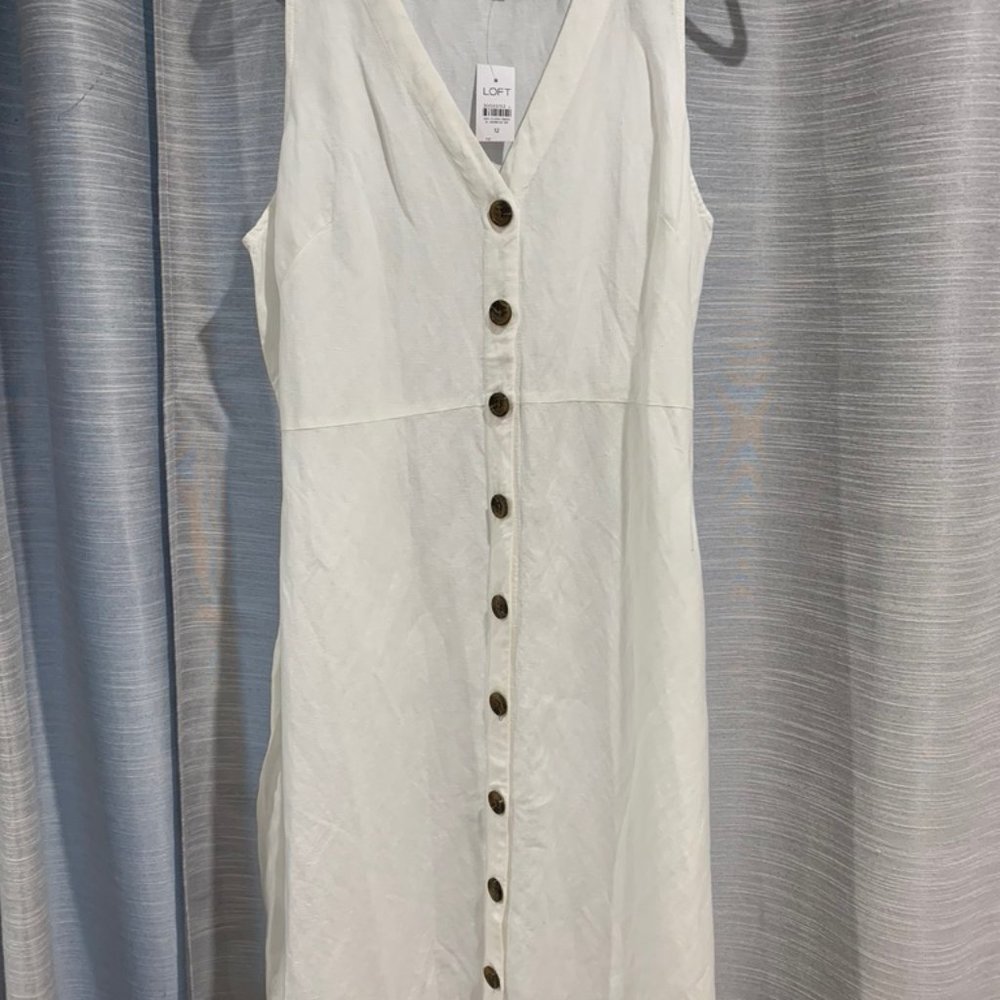 LOFT Linen Blend Button Tie Waist Dress - Picture 3 of 4